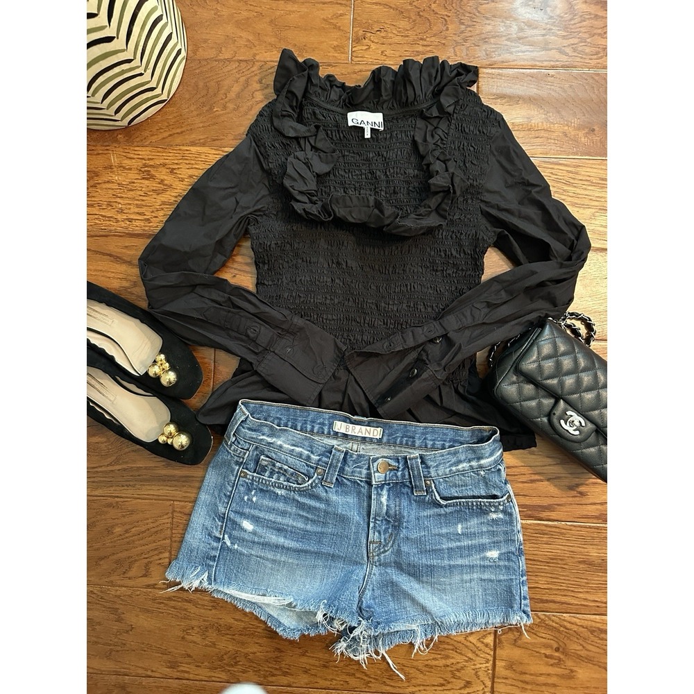 Ganni Cotton Poplin Open Neck Smock Blouse Black 36 US 4 Ruffle Peplum Top